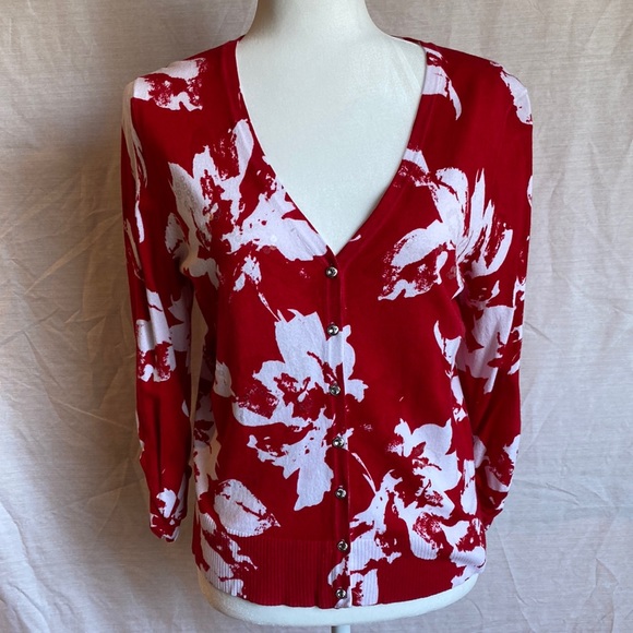 INC Floral Red/White Cardigan; Clear sequins; crystal buttons; 3/4 sleeves. SZ M - Picture 1 of 9